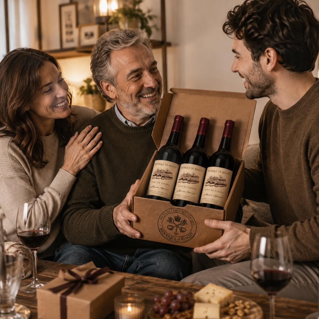 Henrique de Benoît® Vino Tinto Premium Reserva 2020 Pack 3 Botellas 750 ml | Tempranillo 45% Syrah 45%, Graciano 10% | 12 Meses Barrica + 5 Años Botella | Regalo Gourmet Vino Tinto Campiña - Madrid