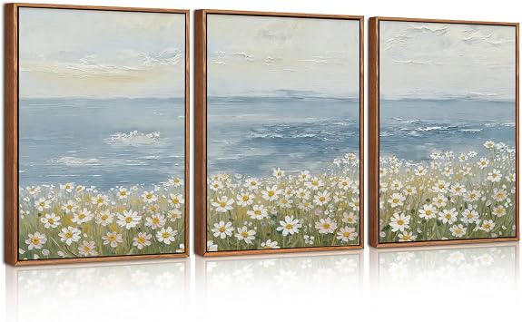 ANHUIB Flower Artwork Framed Wildflower Canvas Wall Art Set Watercolor Beach Daisy Flower Ocean Wall Decor Nature Seaside Landscapes Art Prints for Farmhouse Home Living Room Bedroom Office 30 40cm