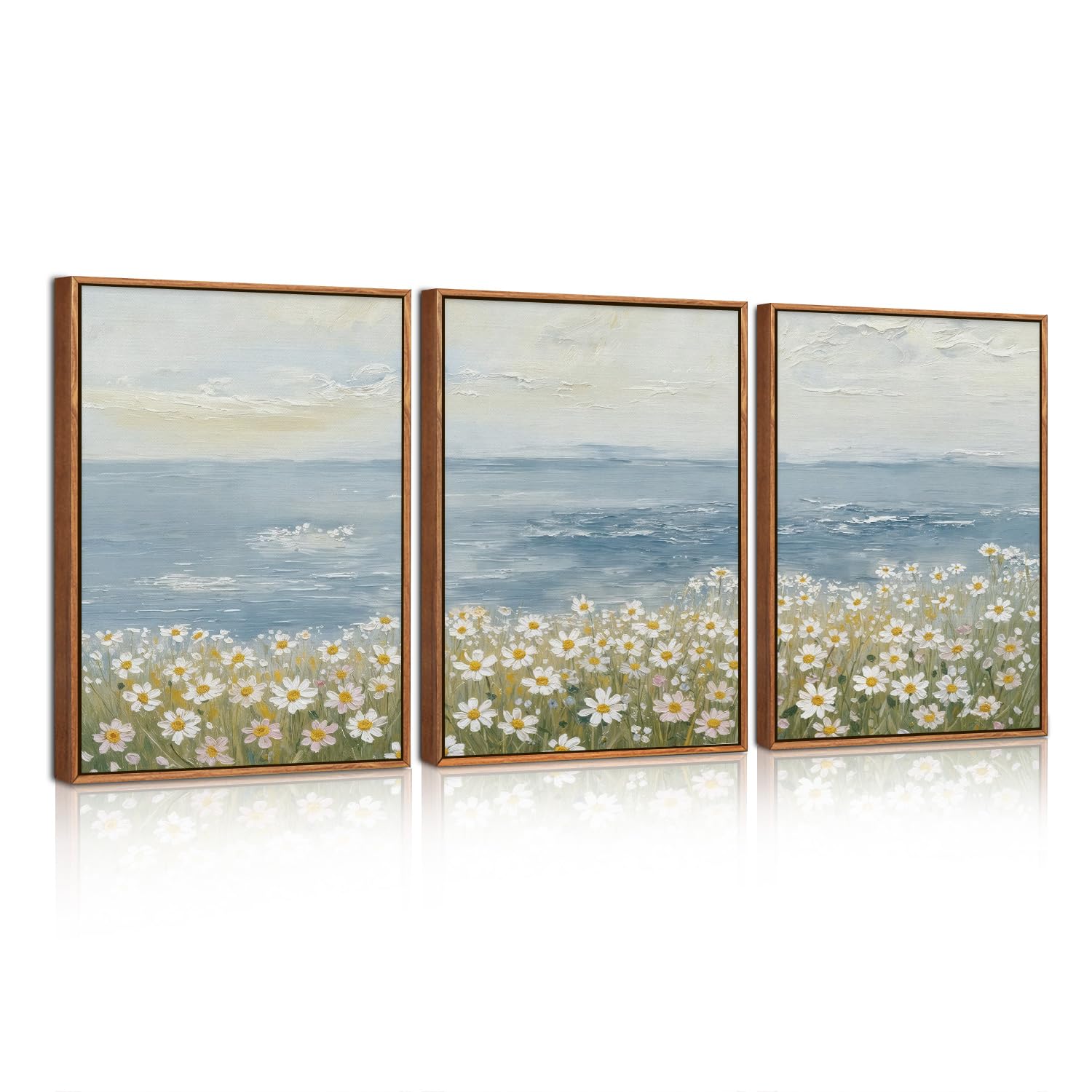 ANHUIB Flower Artwork Framed Wildflower Canvas Wall Art Set Watercolor Beach Daisy Flower Ocean Wall Decor Nature Seaside Landscapes Art Prints for Farmhouse Home Living Room Bedroom Office 30×40cm