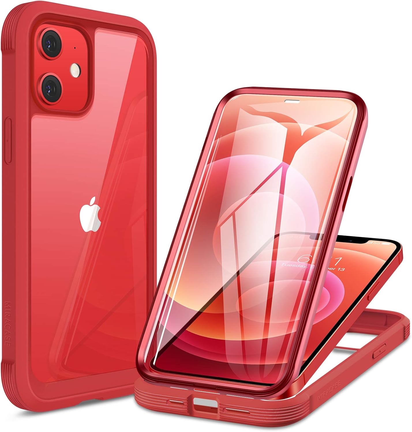 Miracase Glass Case Compatible with iPhone 12/12 Pro, Full Body 9H Tempered Glass Screen Protector (Red)