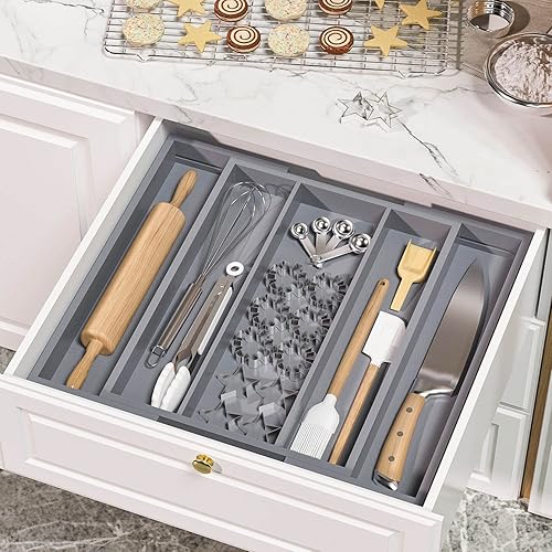 Miniatura 5 de Organizador grande de cajones de utensilios de cocina, organizador de utensilios de cocina expandible con 5 ranuras, organizador multiusos para