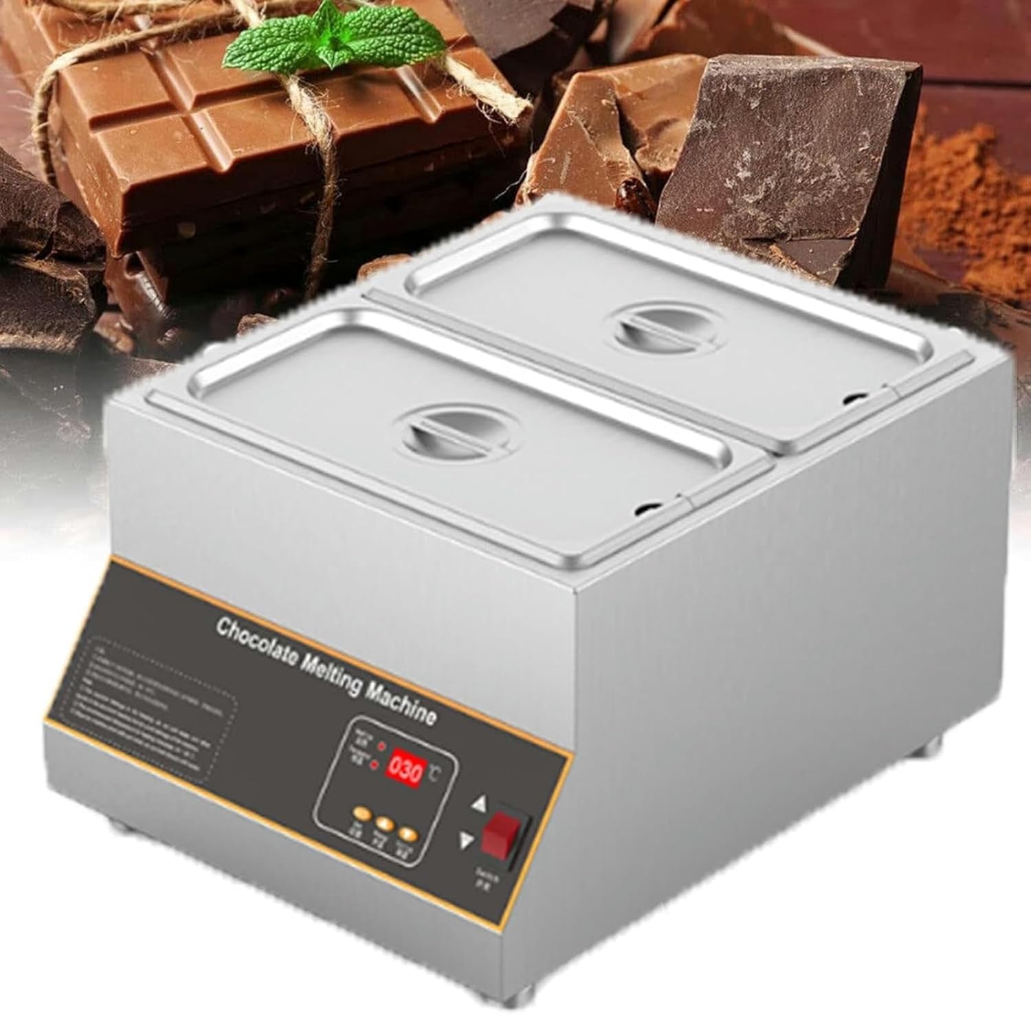 Professional Chocolate Melting Pot, 500 Watt Digital Control Electric Chocolate Melting Hot Pot, Stainless Steel, Dry Burning, Commercial Heater(2Tank)