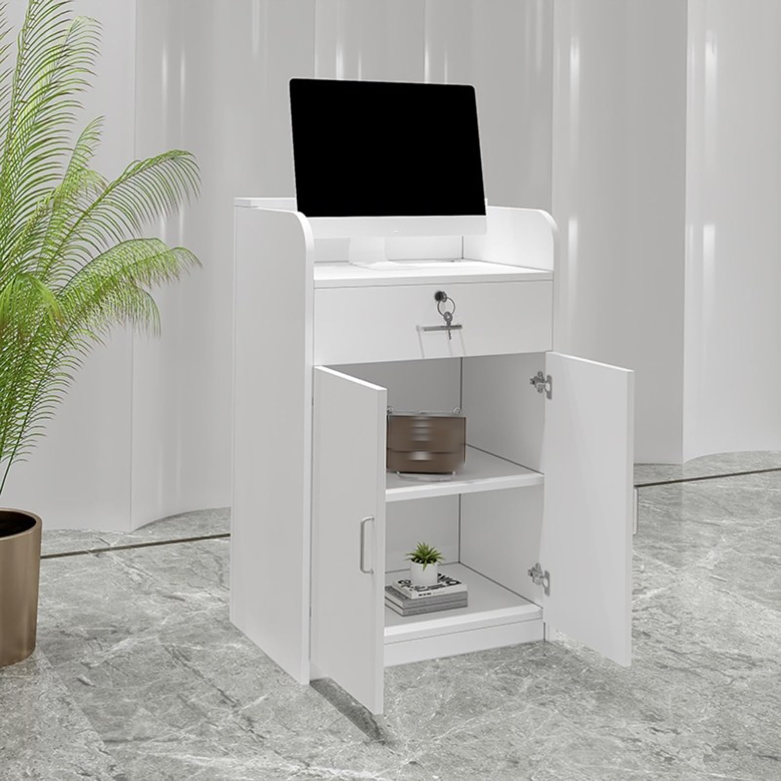 Comptoir de réception blanc design minimaliste pour magasin chic