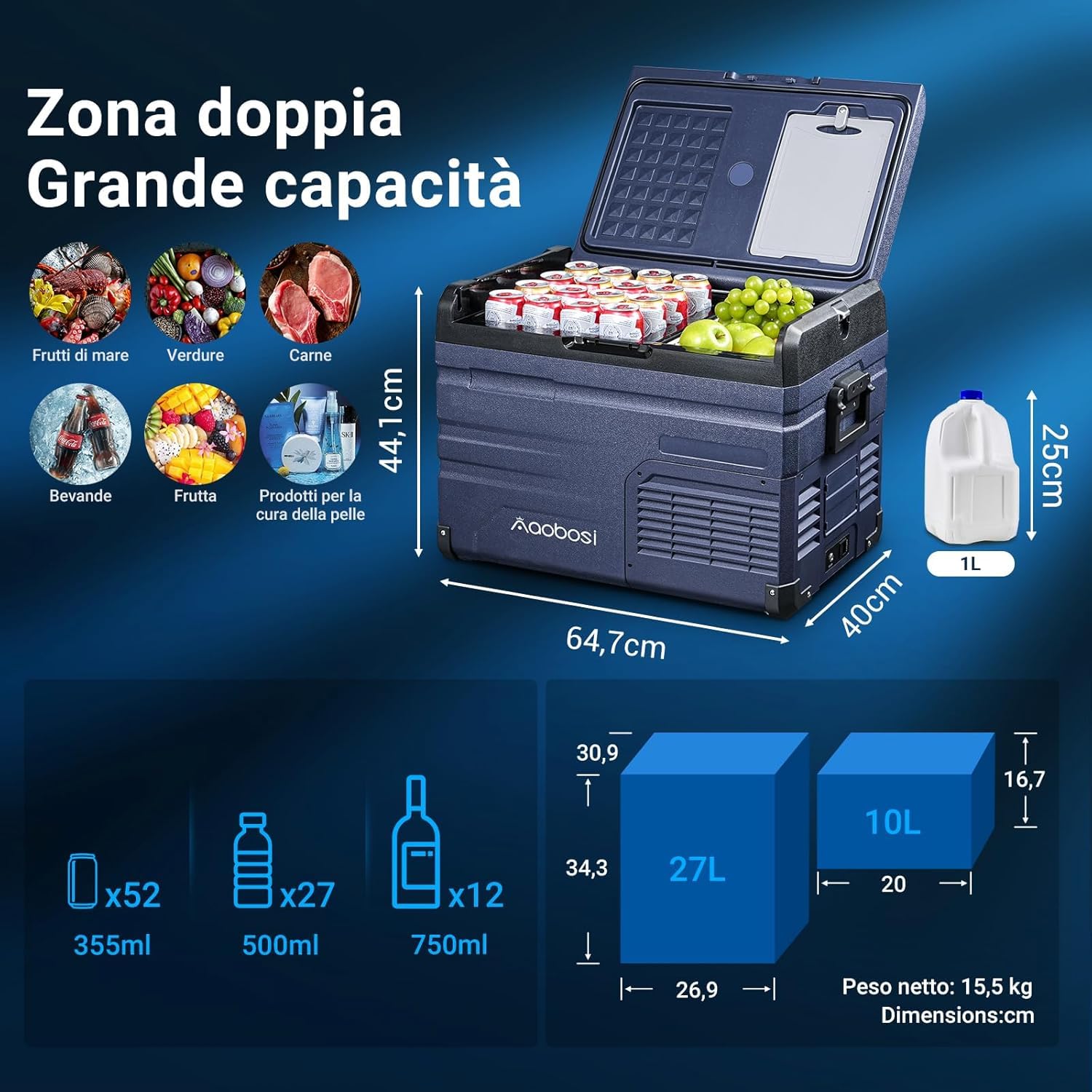 AAOBOSI Frigo Portatile, Frigo Per Auto Doppia Zona, Frigorifero da Viaggio con WiFi, -20 ℃ a 20℃, 12/24V DC e 100/240V AC,Per Auto, Camion, Camper, Barca e Presa Di Corrente