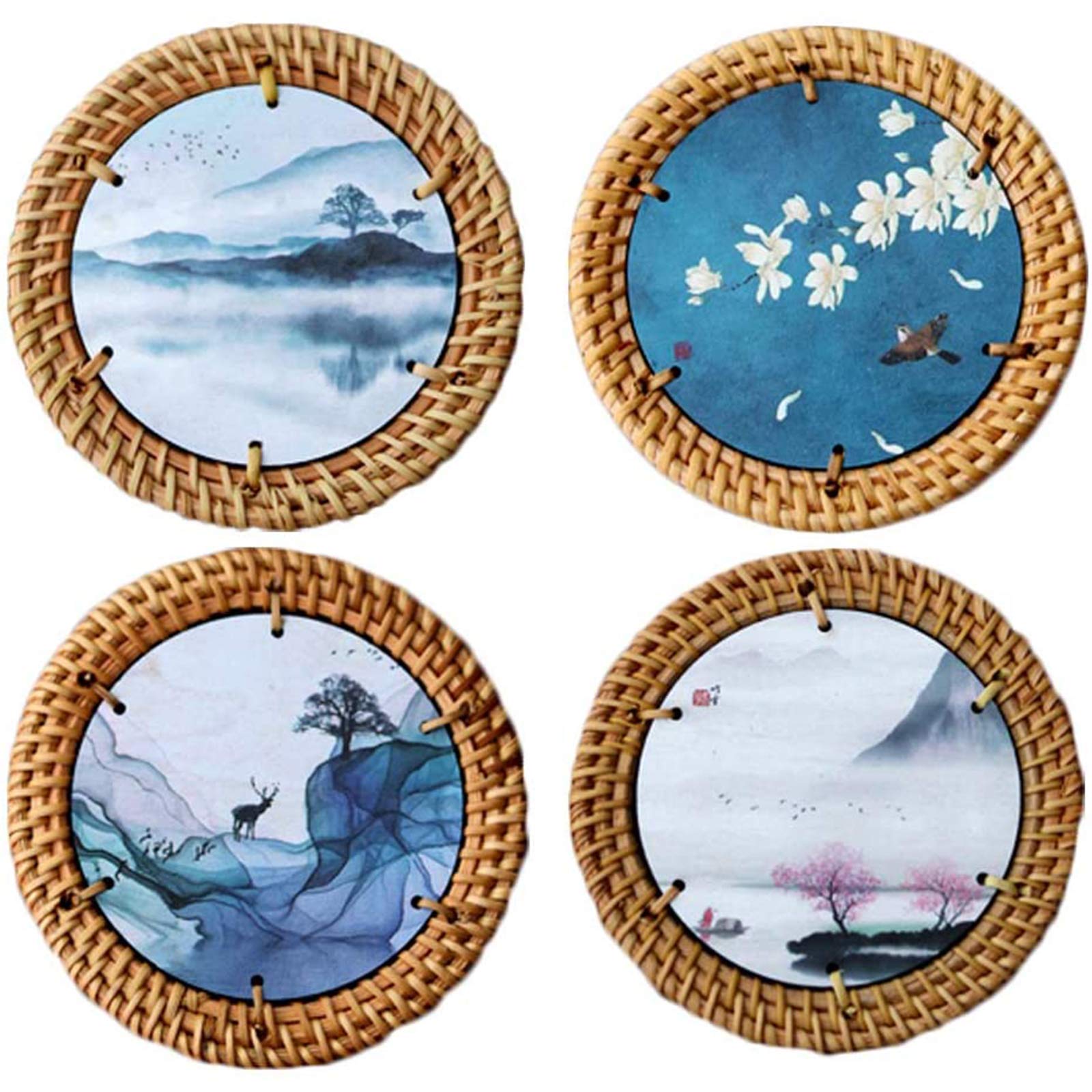 Rattan Coasters Handmade Tea Cup Coasters, Excellent Craftsmanship Insulated Hotpads Tabletop Protective Room Dining Room Kitchen Accessories,Yellow