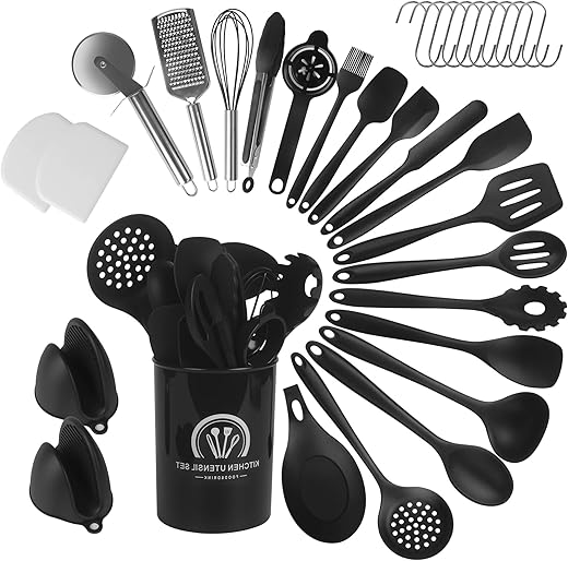 43 Pieces Kitchen Utensils, Silicone Kitchen Utensils with Storage Box and S Shaped Hook, Heat Resistant, Dishwasher Safe, Non-Stick (Black)