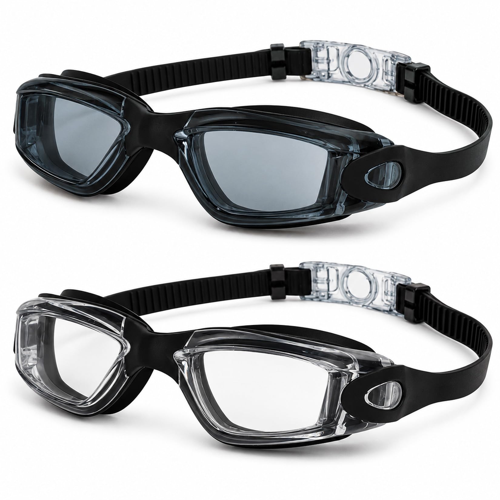 RubyTint 2 Pack Swimming Goggles for Adults, Anti-Fog Clear PC Lens Swim Goggles with UV Protection, Black Frame, Adjustable Silicone Strap, Leak-Resistant for Pool Training Open Water