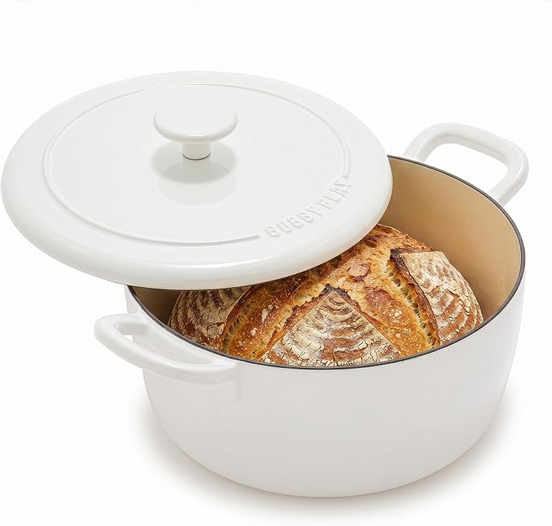 Olla holandesa de hierro fundido esmaltado con tapa GreenPan x Bobby Flay de 5,5 cuartos, color blanco | Olla para estofado, guisos, horneado y sellado de pan, tapa autoadhesiva, lista para inducción, apta para horno hasta 500