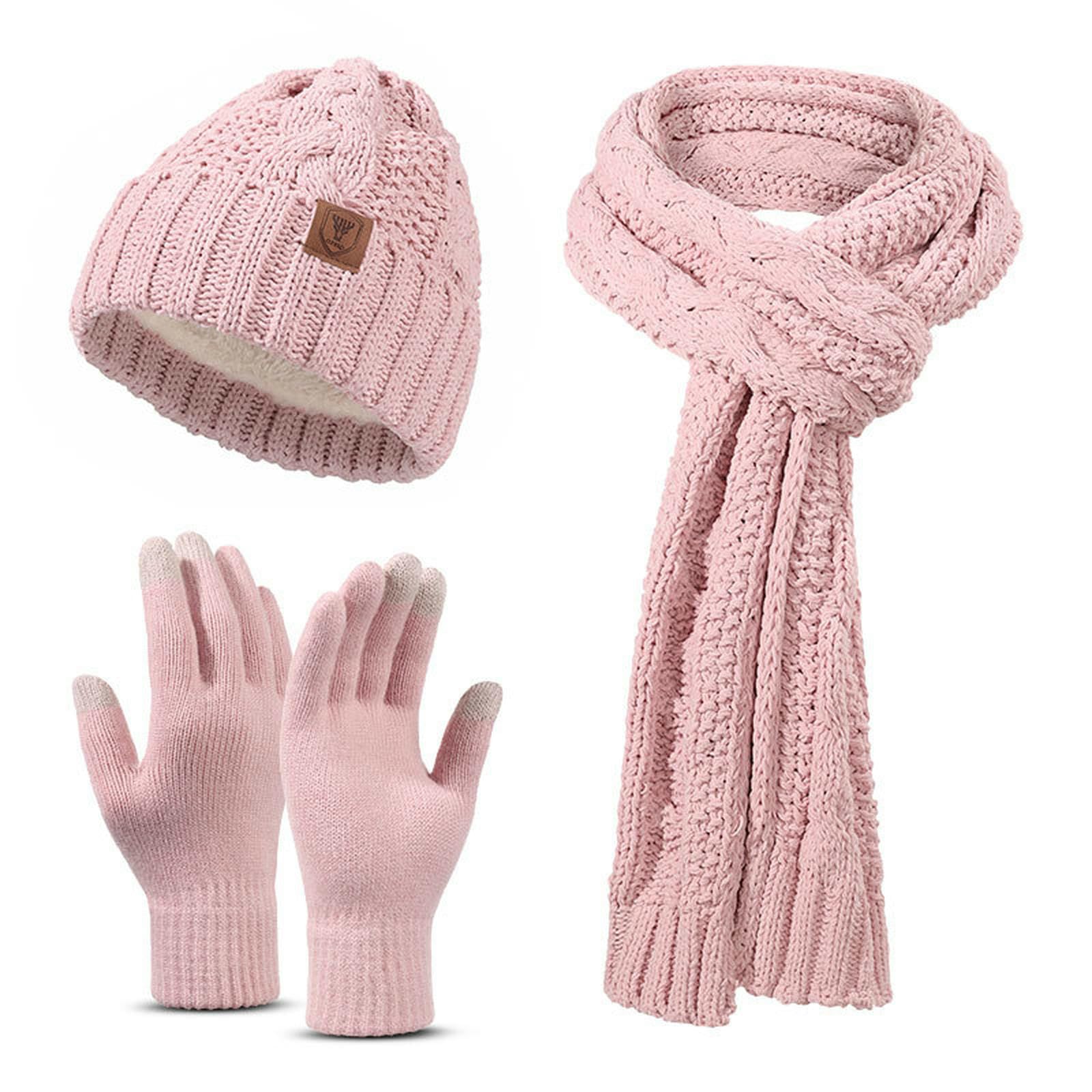 Set de gorro bufanda guantes de invierno unisex rosa punto con orejeras
