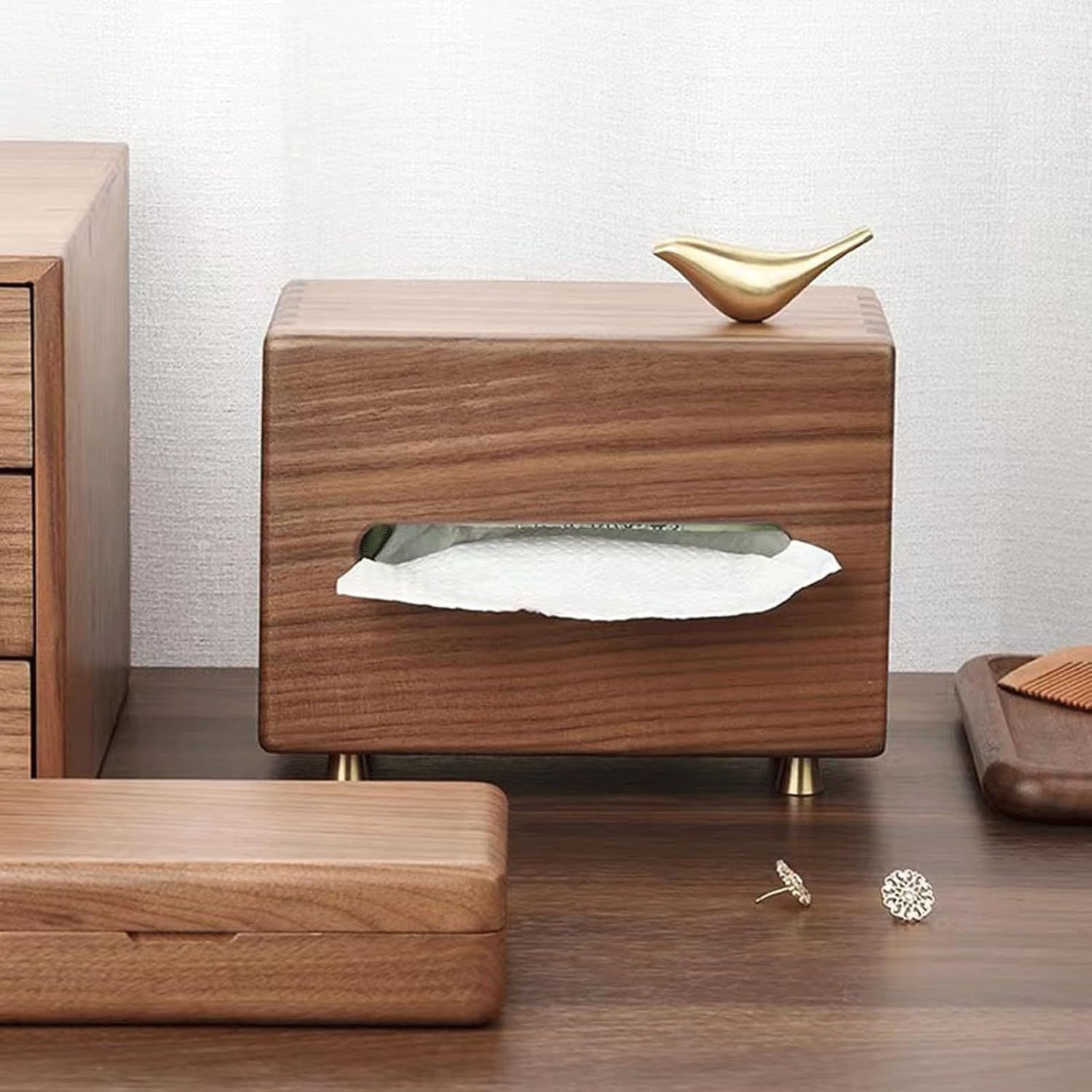 Tissue Vessel Walnut Wood Rectangle Tissue Box with Copper Bird Decor Tissue Box Cover Unique Gift idea of Elegant Copper Birds for Home Decor Guest Room Must Haves image 2