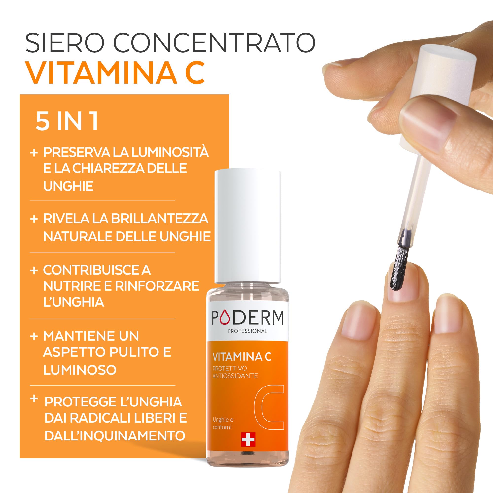 PODERM 5 in 1 Siero Booster Unghie – Vitamina C | Trattamento Illuminante e Antiossidante per Unghie Opache – 6 ML | Nutre e Rinforza L'unghia | 100% naturale – Sviluppato da un Podologo in Svizzera