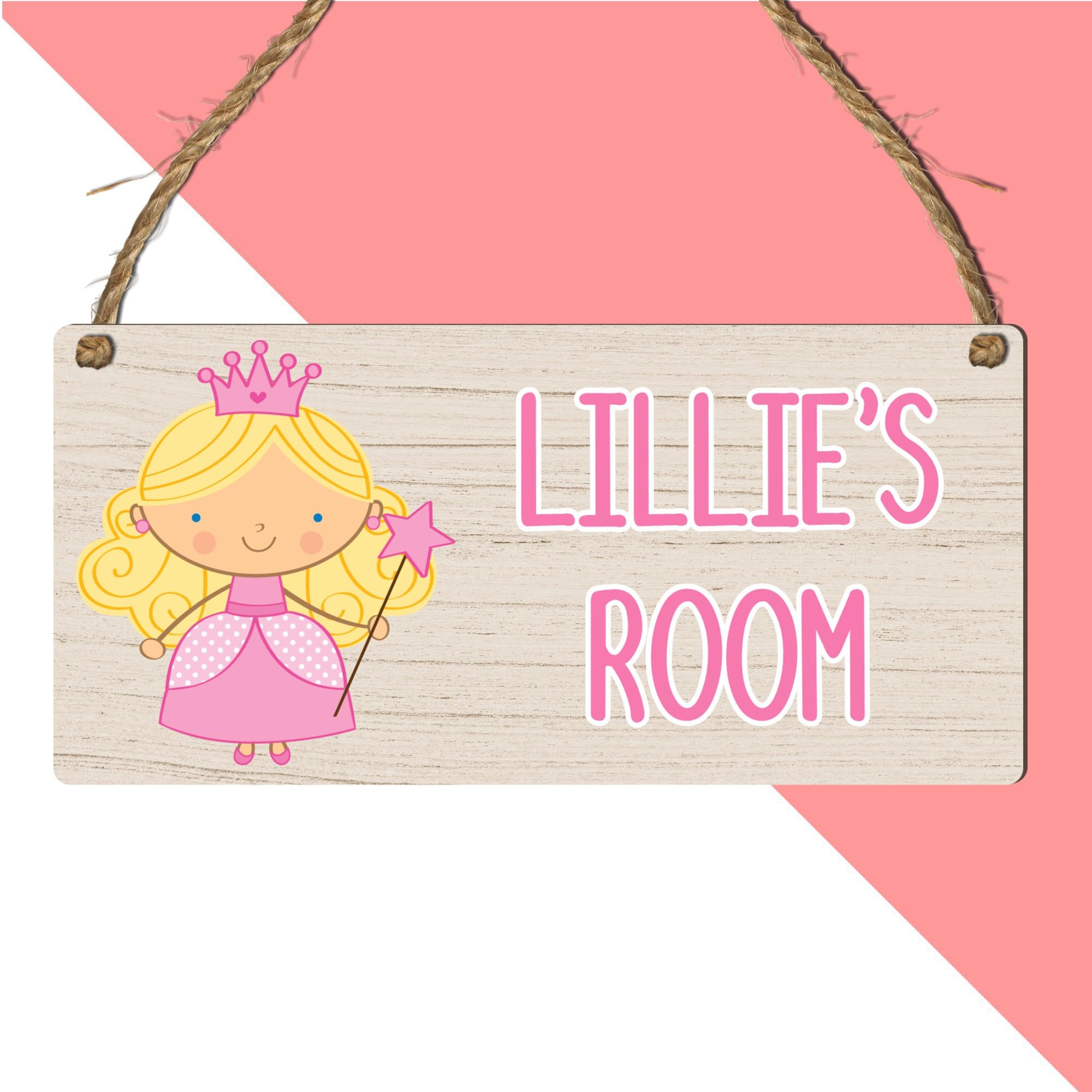 Custom Girls Hanging Room Name Plaque | Personalised Kids Bedroom Sign | Fairies Rainbows Unicorns Princess Mermaid Ballet Bedroom Décor (Princess)