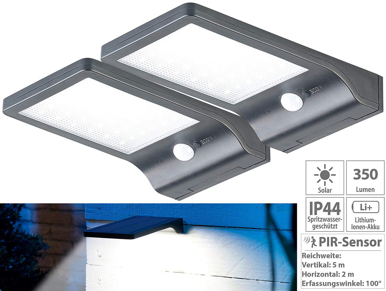Lunartec Lampada Solare a LED: Set di 2 Lampade da Parete LED solari, Sensore di Movimento PIR, Funzione Luce Notturna (Luce Notturna Solare Esterna, lampade solari a da Parete, Batteria)