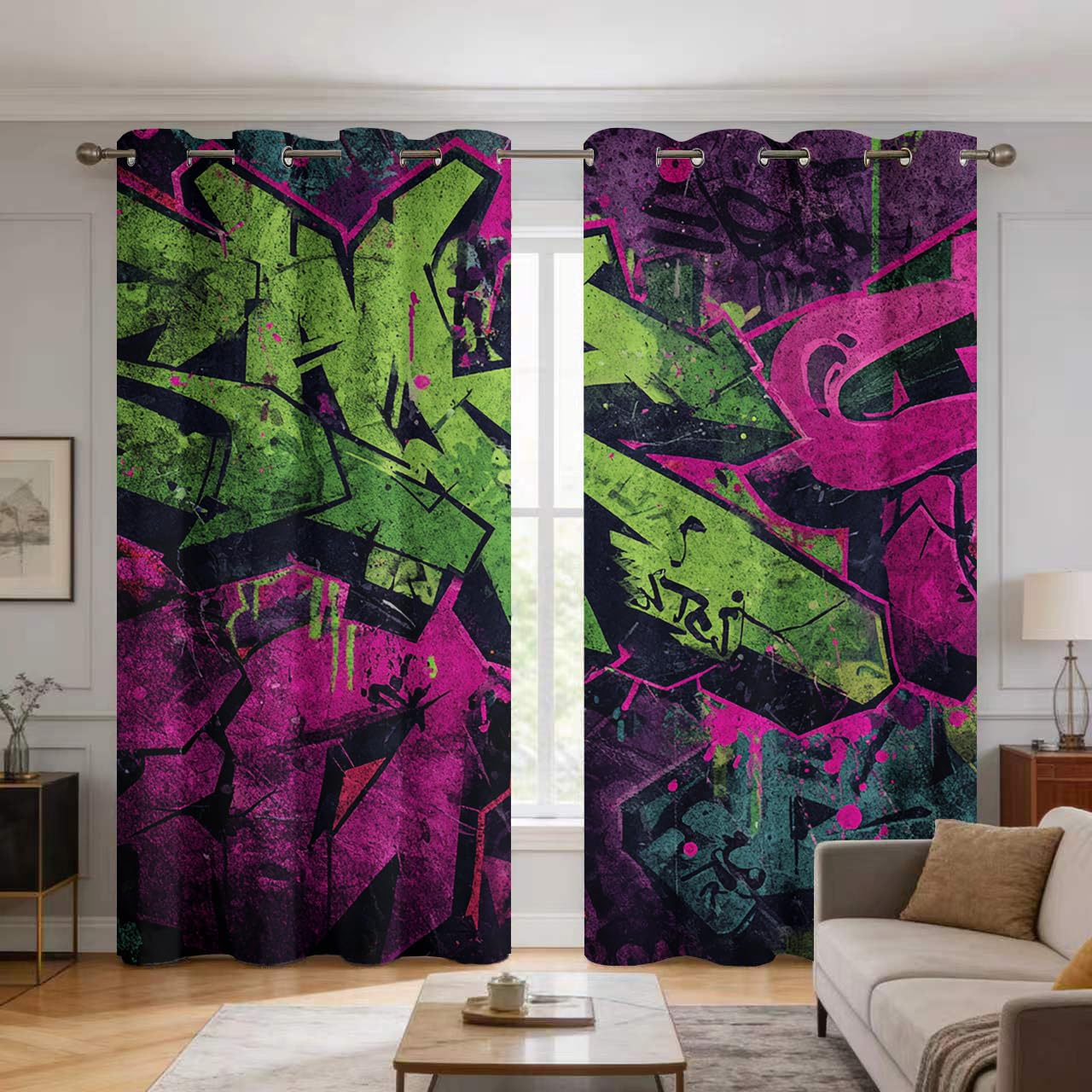 Rideaux occultants graffitis hip hop motif abstrait art urbain pour salon lot de 2