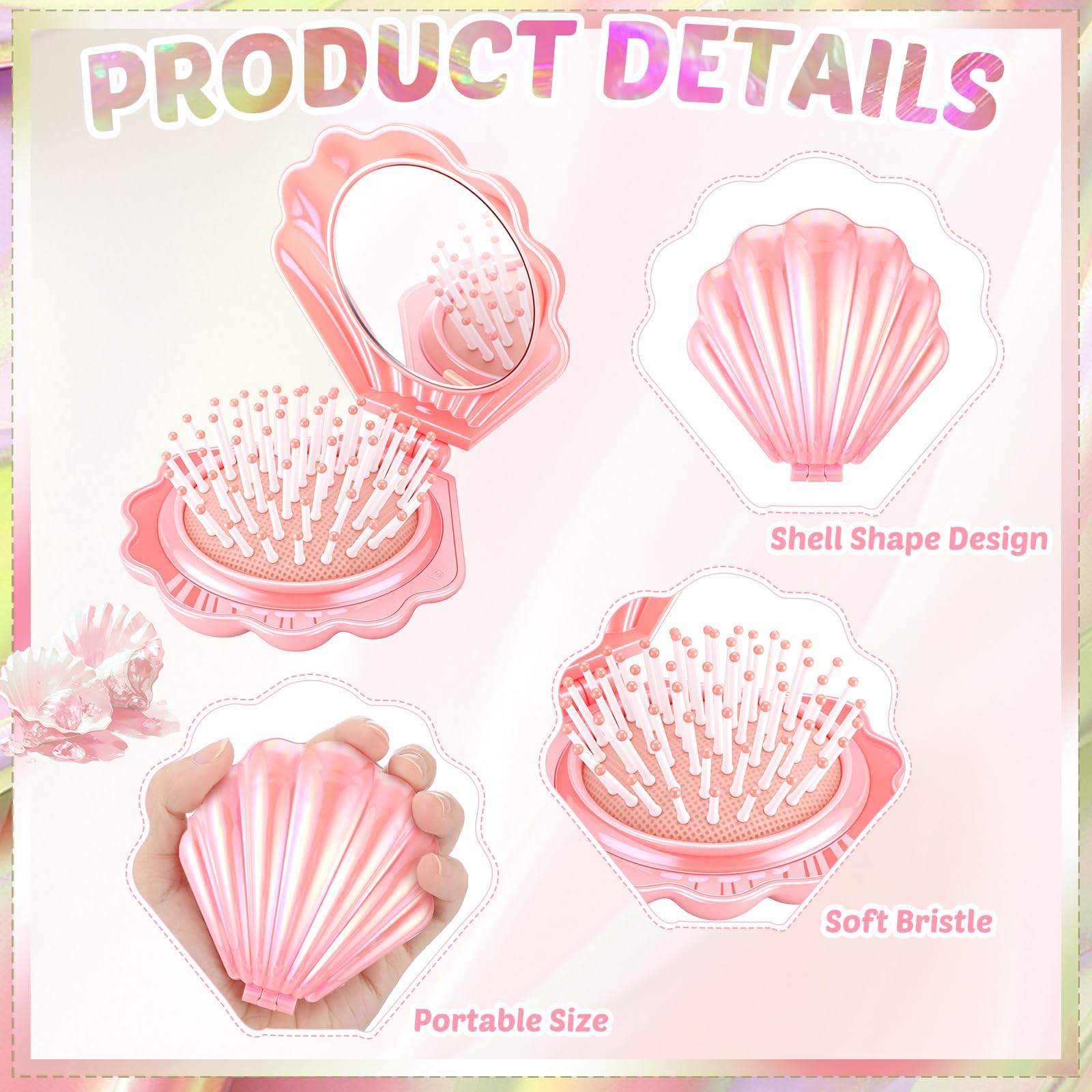 Meanplan 12 mini cepillos plegables de viaje con forma de concha de espejo, espejo de maquillaje, cepillo compacto para masaje de cabello para mujeres y niñas, peinados de despedida de soltera, regalo