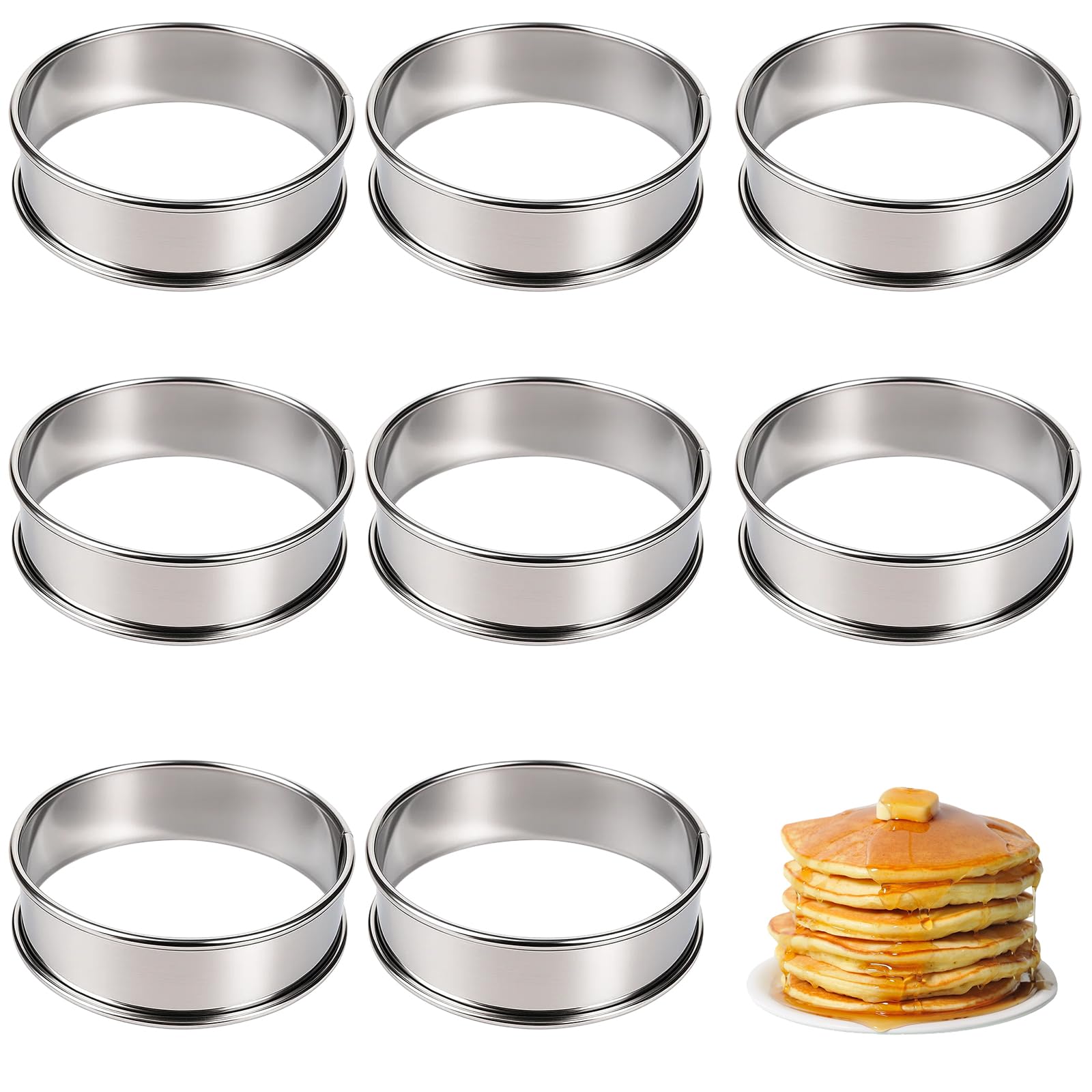 8PCS Crumpet Rings, Non-Stick Stainless Steel Cooking Rings for Baking, Double Rolled Tart Rings, for Egg Cooking, Fried Egg, Durable Baking for Home Baking, Food Making (Silver)