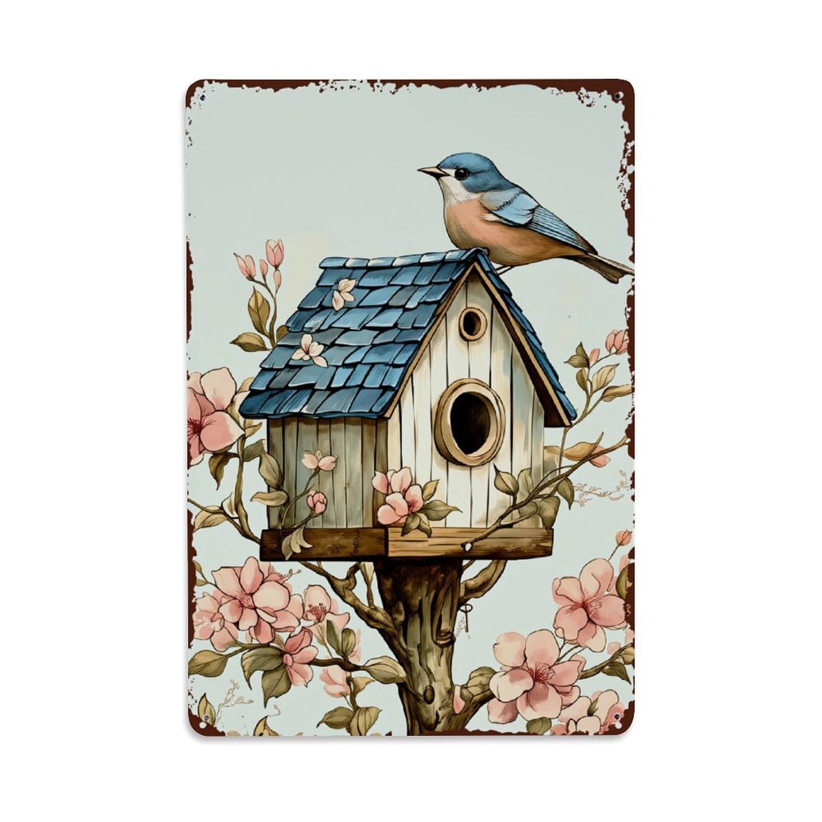 Enderetf Vintage Birdhouse With Flowering Branches Tin Sign Metal Poster, Home Bar Garage Man Cave Cafe Indoor & Outdoor Wall Decoration 8X12inches
