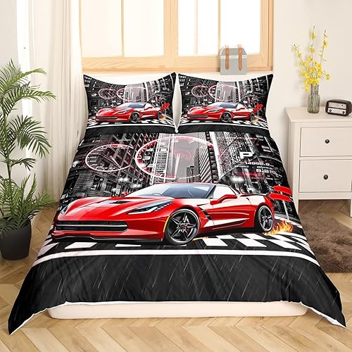 Vista 150 de Feelyou Juego de ropa de cama de coche de carreras y avión en blanco y negro – Funda de edredón y funda de edredón para niños y adolescentes