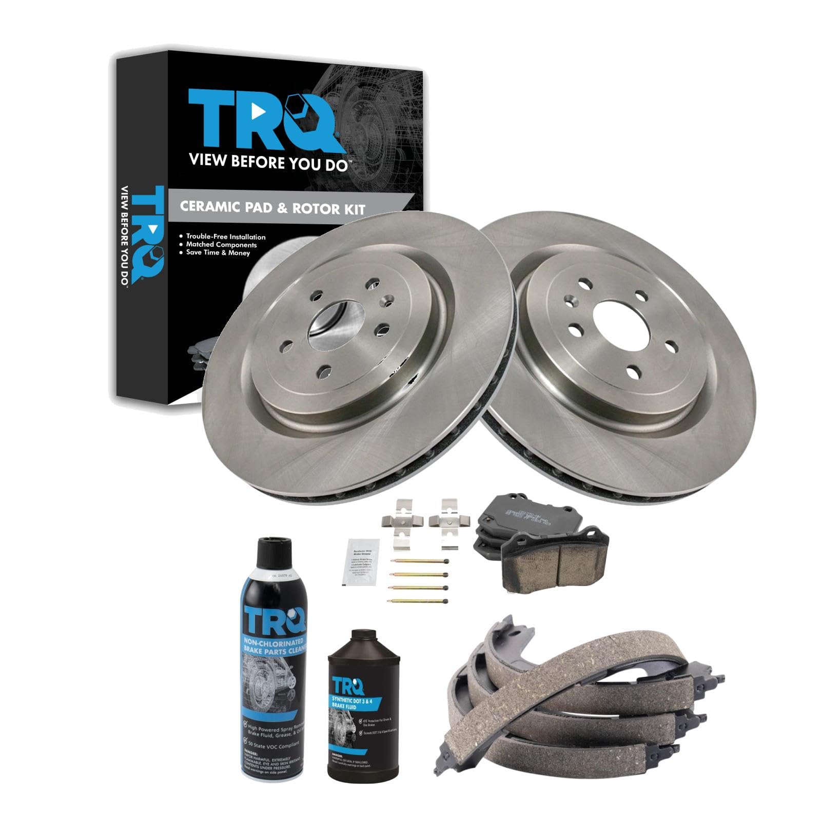 TRQ Rear Brake Pad &amp; Rotor Kit with Chemical Kit Parking Brake Shoe Set