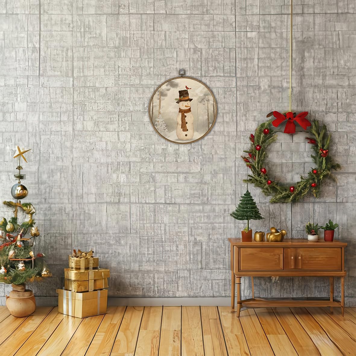 Condition photo showing New/Like New for Vintage Rustic Snowman Round Framed Wall Art Decor - Rustic Holiday Canvas Hanging Decor for Living Room, Entryway,or Farmhouse Christmas Wall Decoration, 10x10 Inch