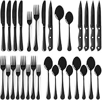 Astercook 24-Piece Black Stainless Steel Silverware Set with Steak Knives for 4 - Mirror Polished Flatware Utensils