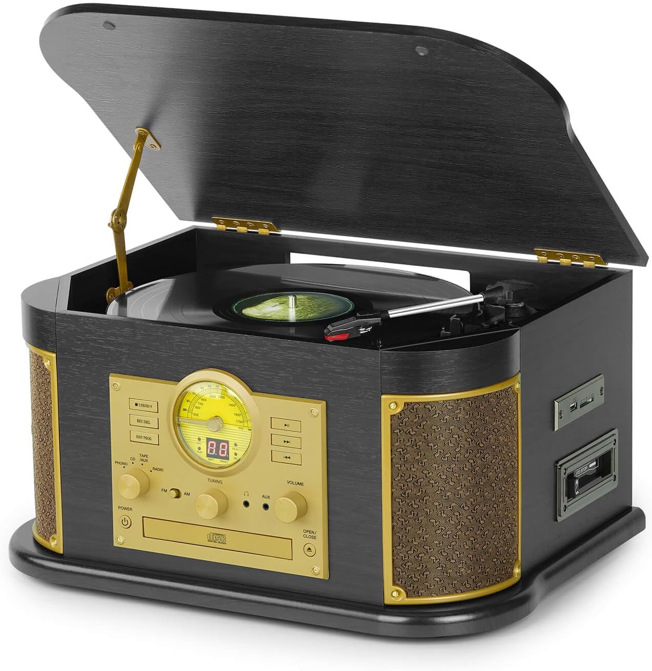 All-in-One Vinyl Record Player with Bluetooth, CD, Cassette, AM/FM Radio, USB/SD Recording, 3-Speed Vintage Turntable with Built-in Speakers