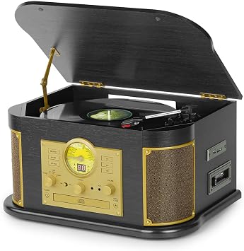 All-in-One Vinyl Record Player with Bluetooth, CD, Cassette Tape, AM/FM Radio, USB/SD Recorder, 3 Speed Vintage Turntable with Built-in Speakers, Aux-in, RCA Line-Out