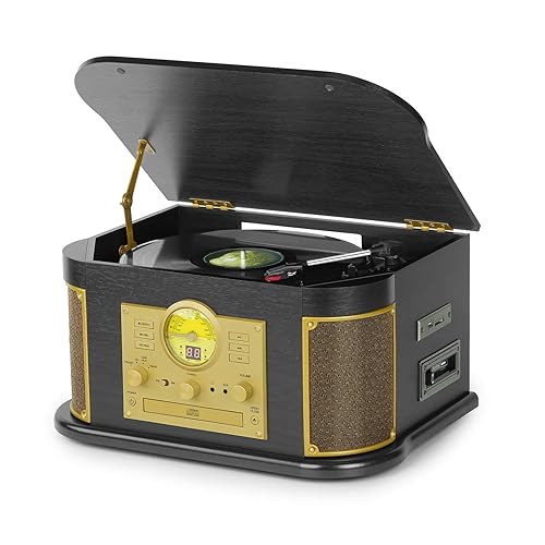 All-in-One Vinyl Record Player with Bluetooth, CD, Cassette Tape, AM/FM Radio, USB/SD Recorder, 3 Speed Vintage Turntable with Built-in Speakers, Aux-in, RCA Line-Out