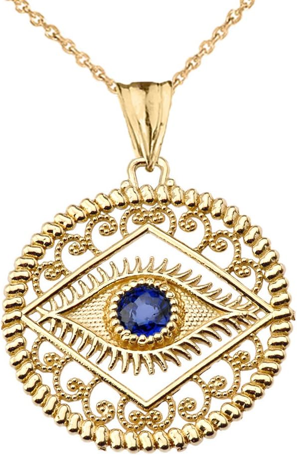Exquisite 10k Yellow Gold Evil Eye Filigree Charm Pendant Necklace with Blue Center Stone