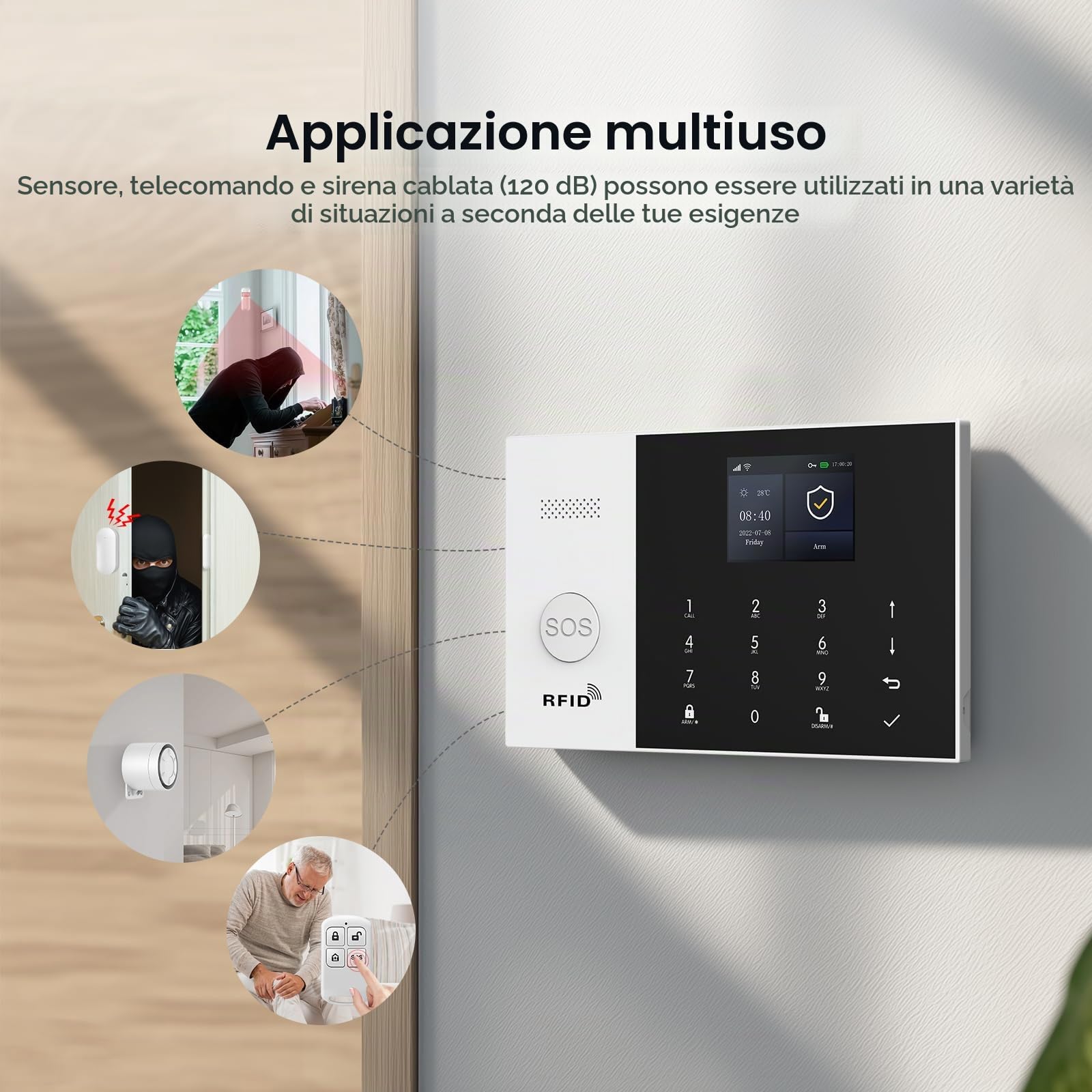 Sistema di Allarme GSM/WiFi con Sirena di Allarme da 120 dB, Telecomando Intelligente, display LCD, Annuncio vocale, Sicurezza per casa, ufficio