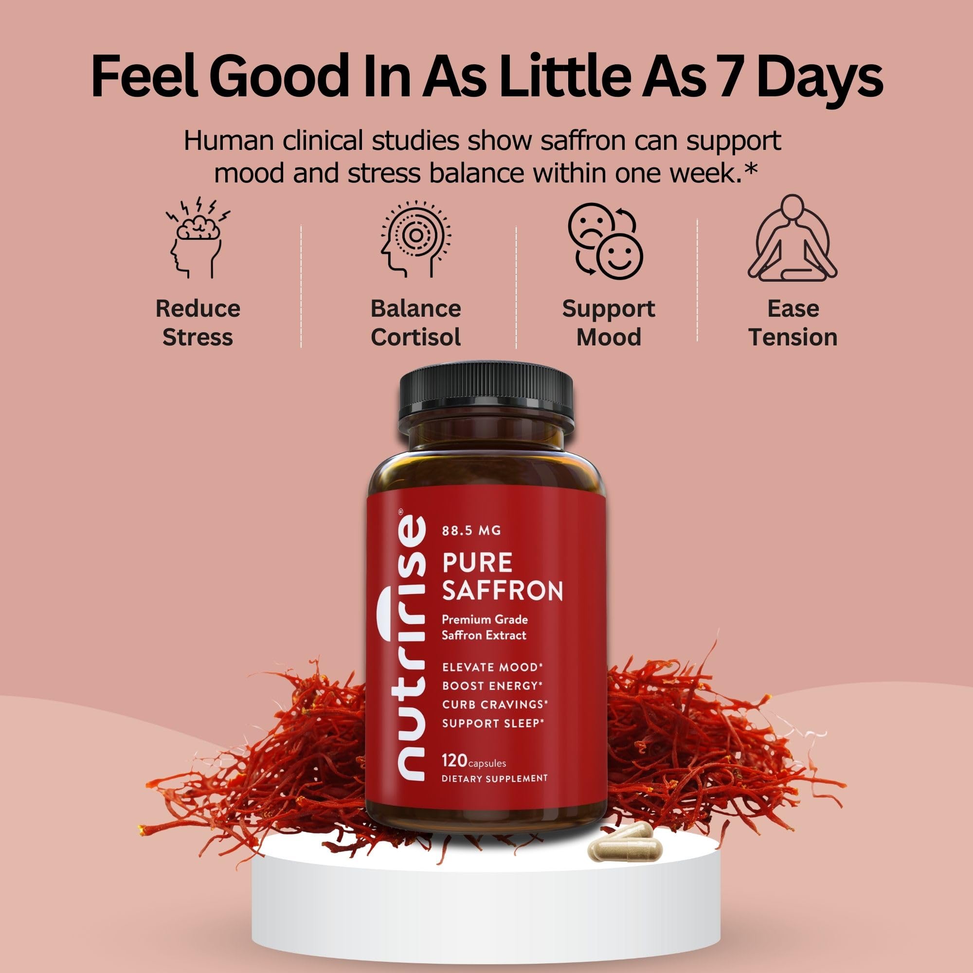 NutriRise Saffron Supplements 120 Capsules, 88.5mg Pure Extract - 4 Month Supply for Mood, Energy, Sleep, Stress & Cortisol Support - Non-GMO, Vegan & Gluten-Free for Women & Men — Amazon image 3