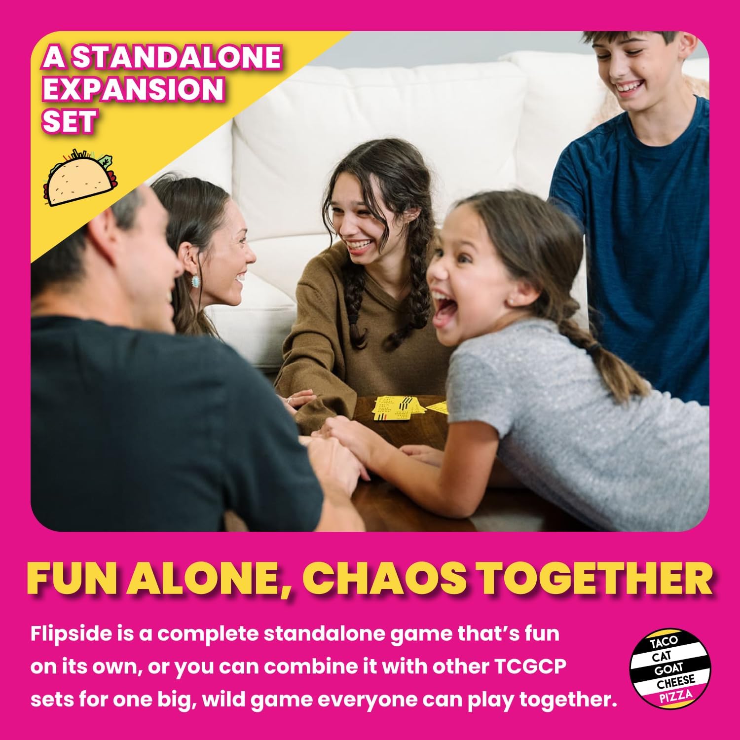 Taco Cat Goat Cheese Pizza On The Flip Side Entertaining Standalone Expansion Game for Family Game Night | Easy to Play 15 Minute Rounds | Fun for Kids, Teens, Adults, and Families | 2-8 Players