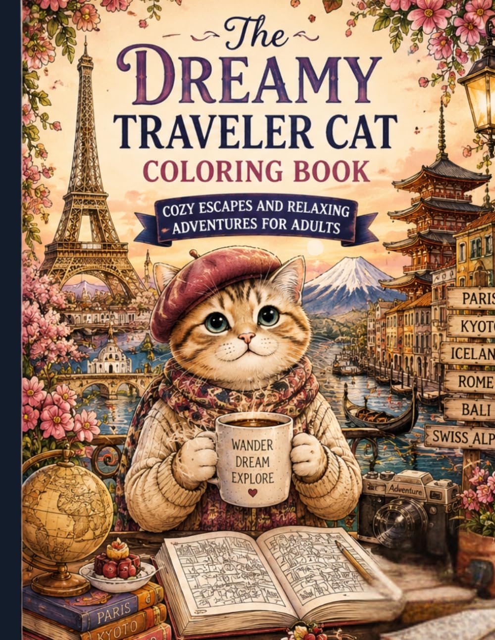 The Dreamy Traveler Cat Coloring Book: Cozy Escapes and Relaxing Adventures for Adults