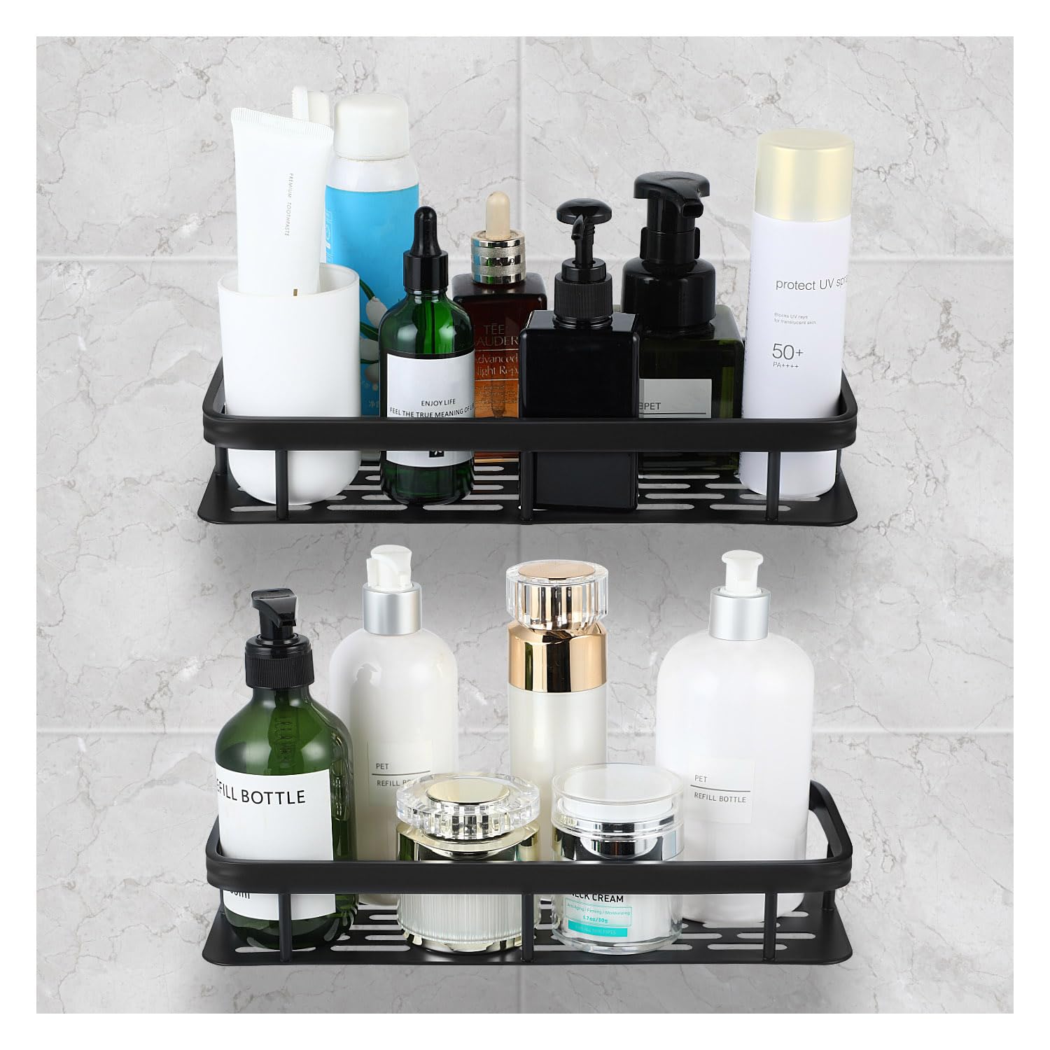 ESILIA Adhesive Shower Caddy,2 Pack Rustproof Shower Rack,No Drilling Shower Organizer,Space Aluminum Storage Rack,Large Capacity Shower Shelf for Bathroom, Dorm and Kitchen (Black)