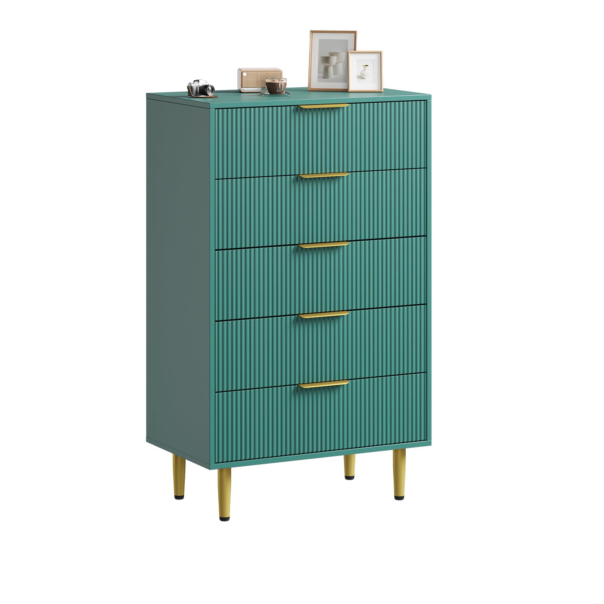 Garvee Fluted Dresser for Bedroom with 5 Drawers, Wooden Chest of Drawers with Metal Handle & Feet, Green Dresser for Living Room, Hallway, Bedroom