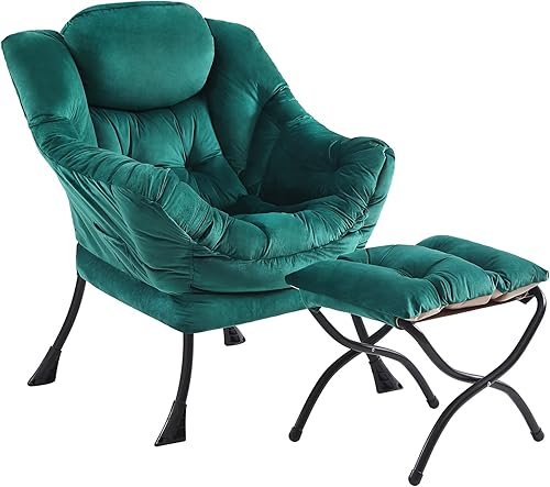 Miniatura 18 de Silla Lazy y otomana, silla grande de terciopelo rosa con bolsillo lateral, moderno sofá tapizado de ocio con reposapiés para oficina, dormitorio