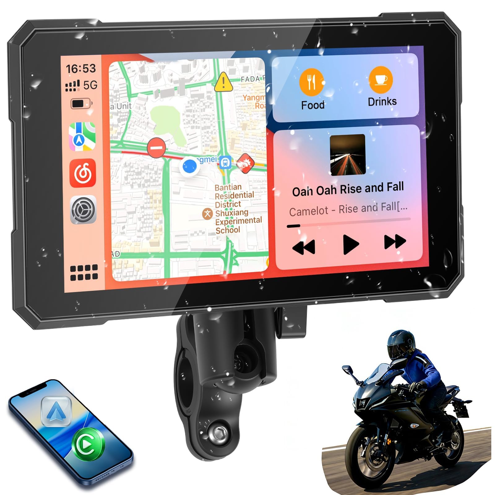 5 Zoll Carplay Motorrad mit kabellosem CarPlay und Android Auto, IP67 Wasserdicht, Reifendrucküberwachung, GPS Navigation und Sprachsteuerung – Für Alle Motorräder Geeignet