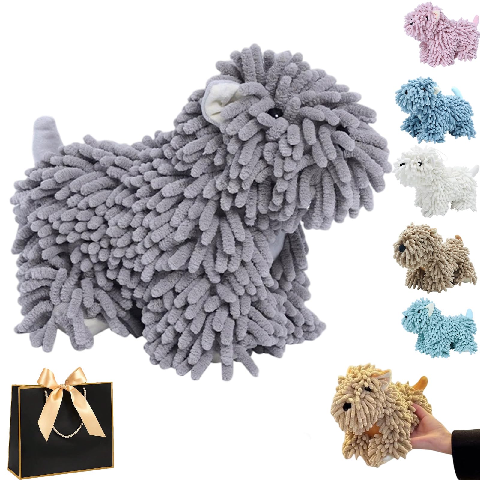fjaldjfu Puppy Shaped Chenille Hand Towel, Cute & Functional Soft Puppy-Themed Dog Shaped Hand Towel, Fluffy Absorbent Decorative Fuzzy Ball Hanging Towels for Bathroom, Washstand (grey)