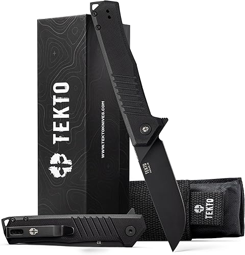 TEKTO F1 Alpha - Cuchillo plegable fabricado en Estados Unidos, hoja trasera recta modificada, acero D2, mango negro táctico G10, detalles de
