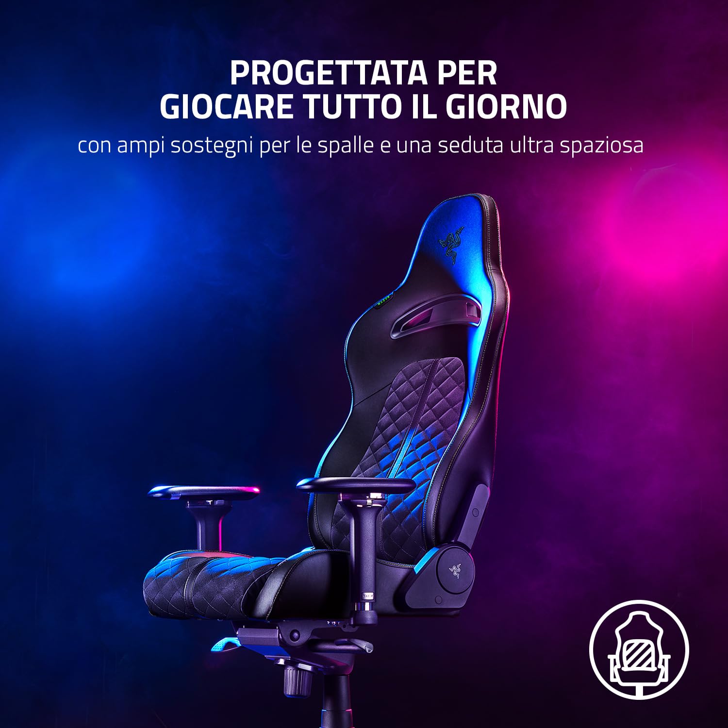 Razer Enki (Black) - Sedia da Gaming con Supporto Lombare Integrato, Finta Pelle Multistrato, Cuscini in Schiuma Ad Alta Densità, Braccioli 4D, Cuscino Poggiatesta