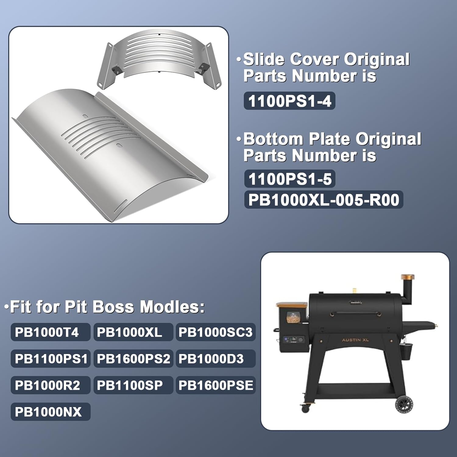 KEESHA Flame Broiler Kit Replacement Parts for Pit Boss 1150 1000 1100 1600 Series Grill - Compatible with PB1150PS2 PB1000NX PB1600PS1 PB1000T4 PB1000XL PB1000SC3 PB1100PS1 Slide Cover & Bottom Kit