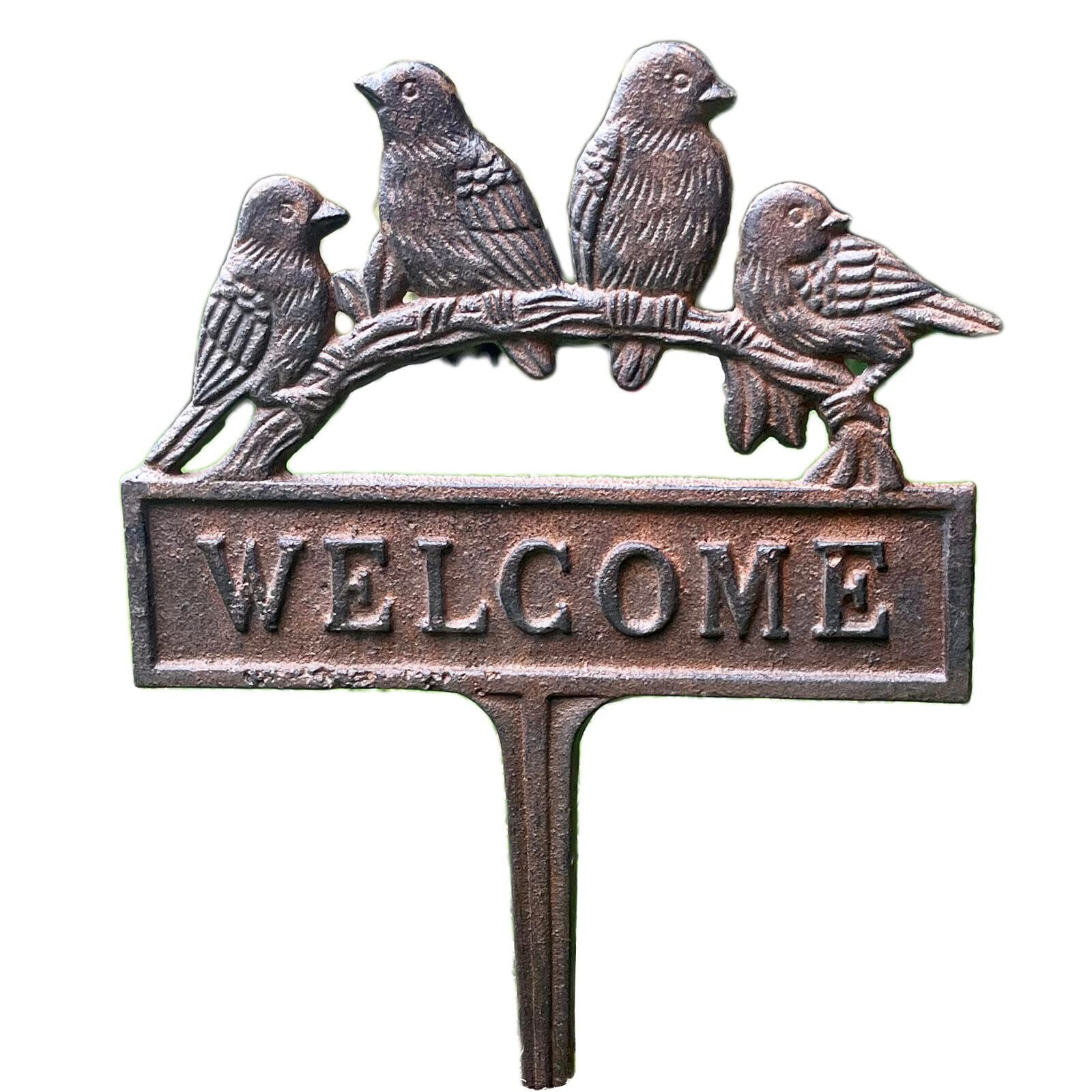 Darthome Black Birds Welcome Sign Lawn Spike Cast Iron Brown Perched Robins Garden Plaque Stake 28Cm