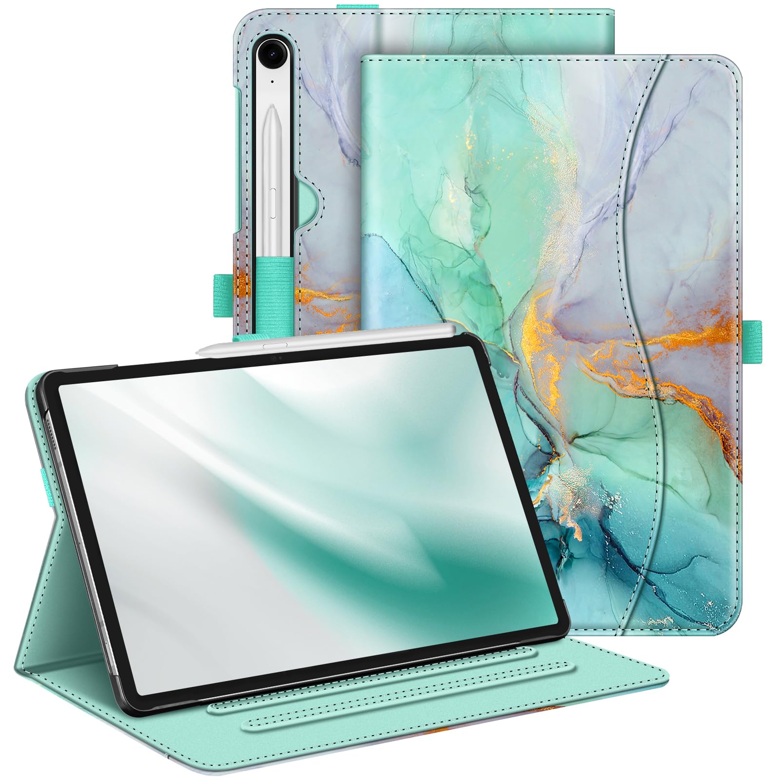 FINTIE Case for Samsung Galaxy Tab S9 FE 10.9 Inch/Tab S9 11 Inch 2023 Tablet, Multi-Angle Folio Protective Case with Document Compartment and Auto Sleep/Wake Function, Emerald Marble