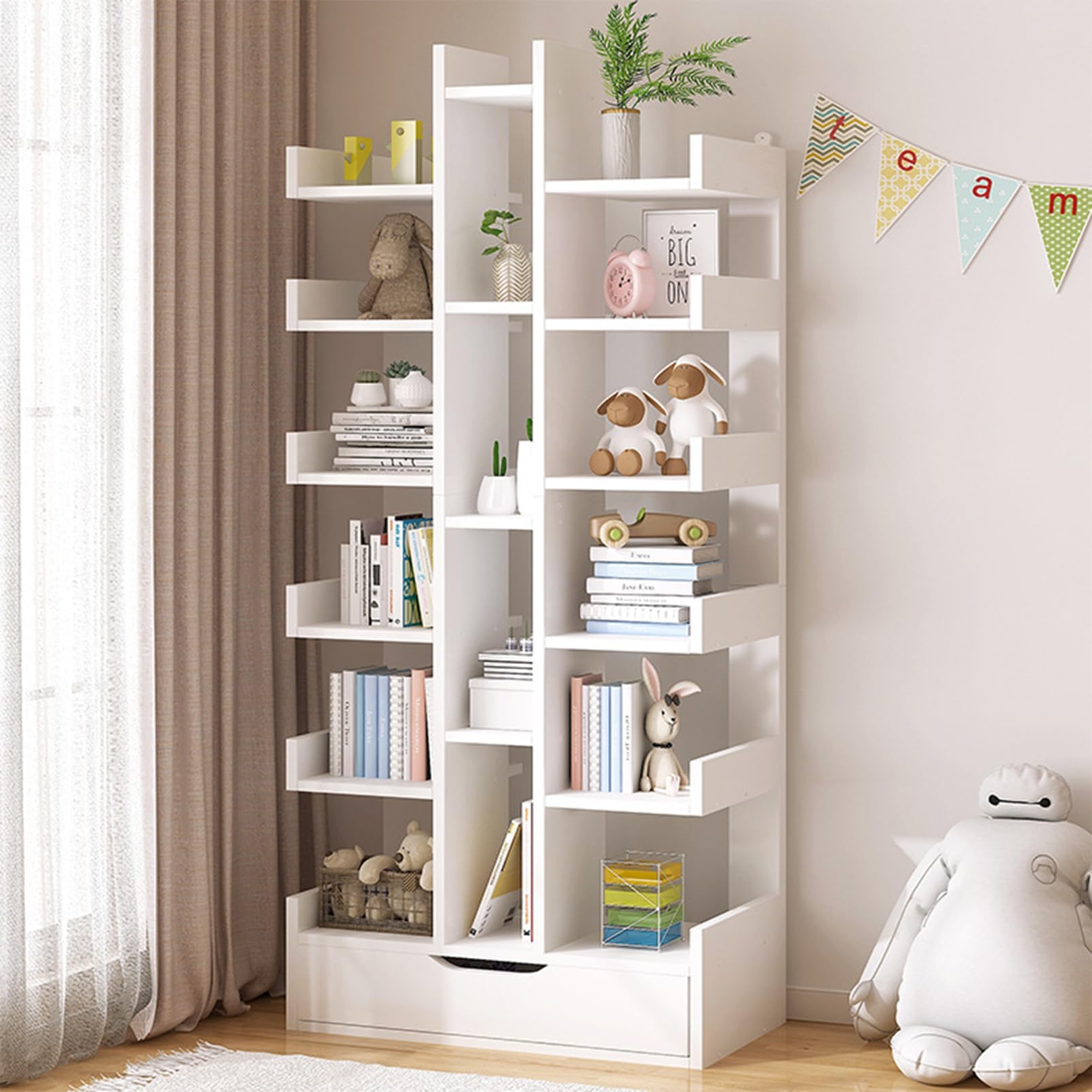 sooyinpaint Multi-layer bookshelf,15-Tier Floor Standing Bookshelf,Tall Freestanding Display Storage Cabinet Organizer with Drawer, bookshelf storage rack against wall,Living room (White)