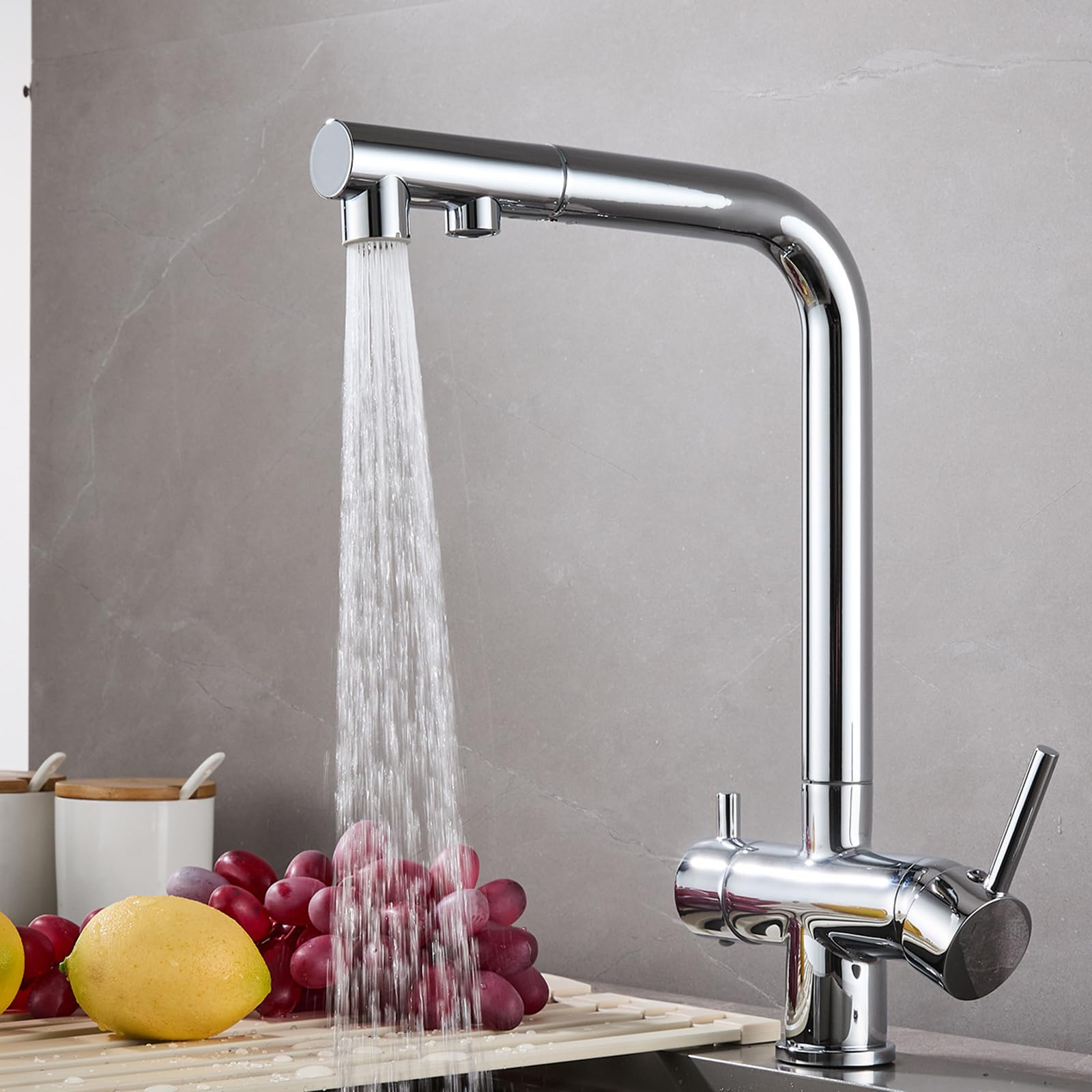 ZYCHSJXA 3 Way Pull Out Kitchen Tap Swivel Purified Water Hot and Cold Double Handle Sink Taps Brass-Chrome Plated