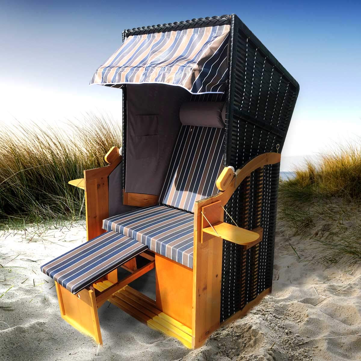 BRAST Corbeille de plage mer Baltique Helgoland 160x90x74 bonmarché pour deux en osier matériaux résistante, polyrattan, housses amovibles et lavables - brun/bleu/blanc/gris rayée