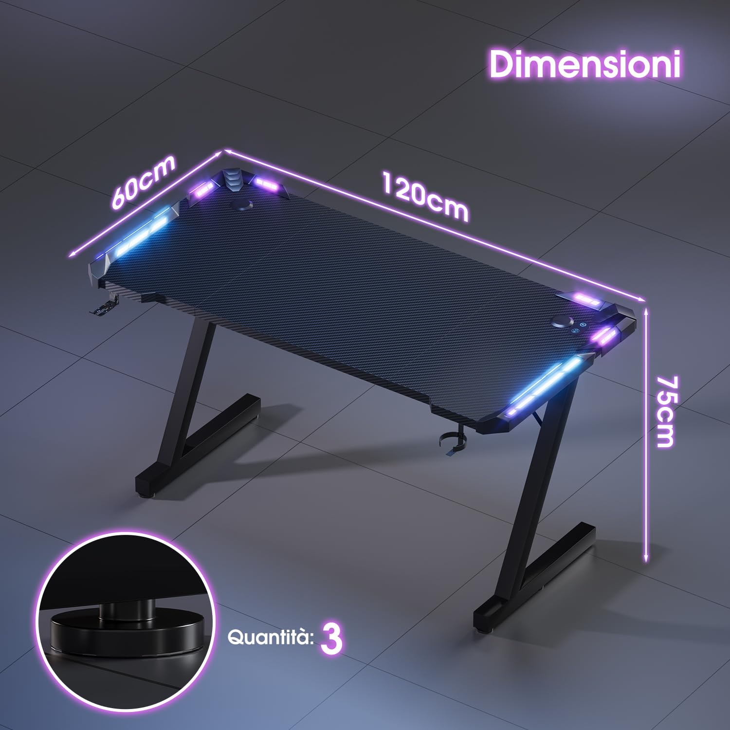 Devoko 120 x 60cm Scrivania Gaming LED, Tavolo Gaming Ergonomica, Scrivania per Computer con Porta Bicchiere e Ganci per Cuffie, Postazione con Piano del Tavolo in Fibra di Carbonio, Nero