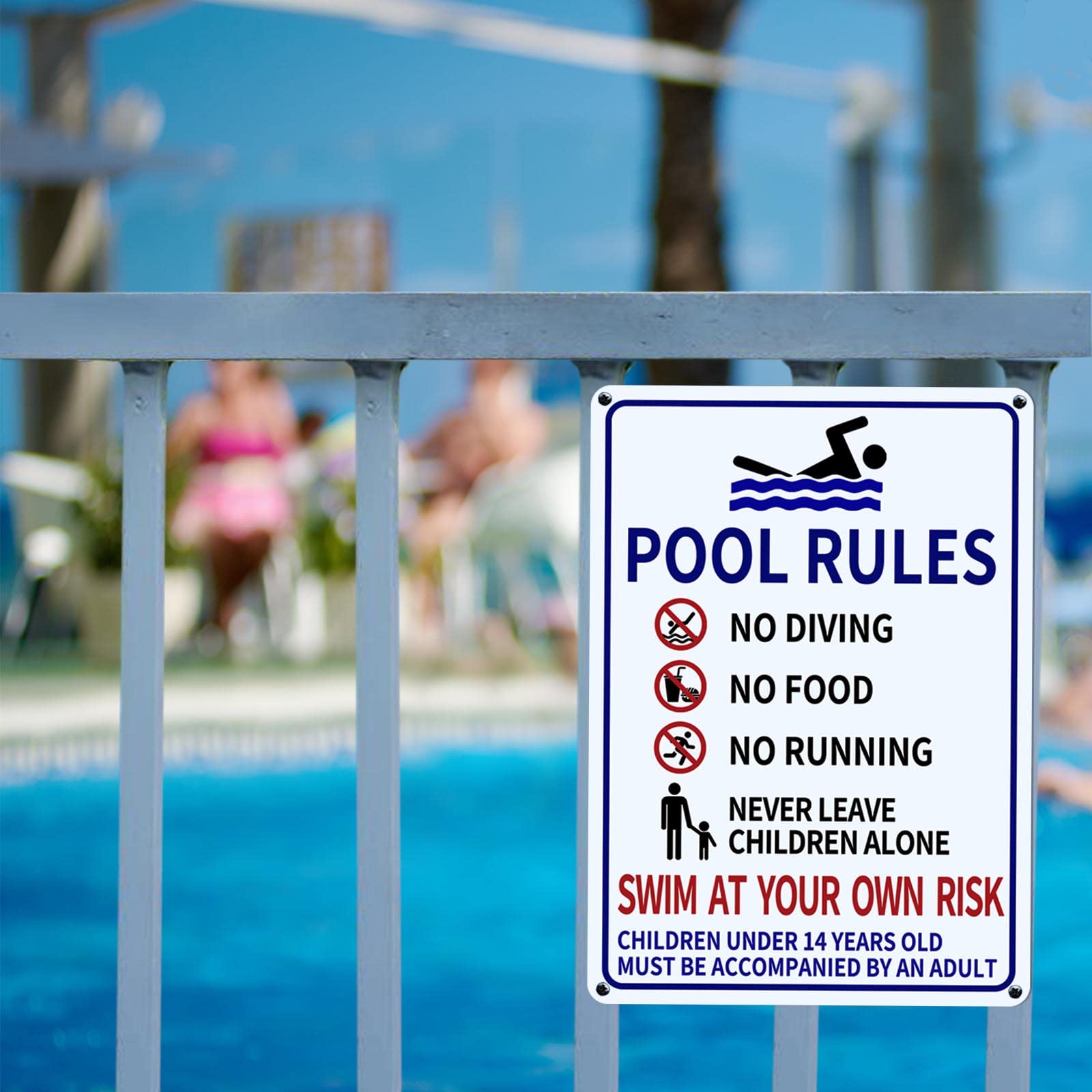 [Paquete 1+1] Letreros de piscina para exteriores, 14 x 10 pulgadas, impresos con "Watch Your Children" y "Swim at Your Own Risk", resistentes a la decoloración y sin óxido, carteles de piscina de