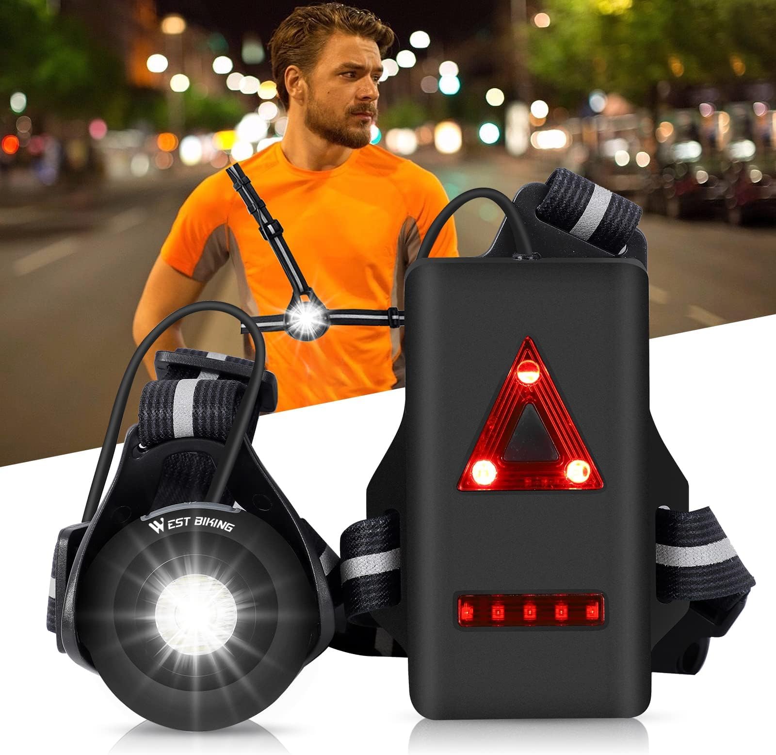 WESTGIRL Running Light, Chest Run Light with Adjustable Beam 500 Lumens, USB Rechargeable Waterproof Front Lamp and Back Warning Flashing LEDs