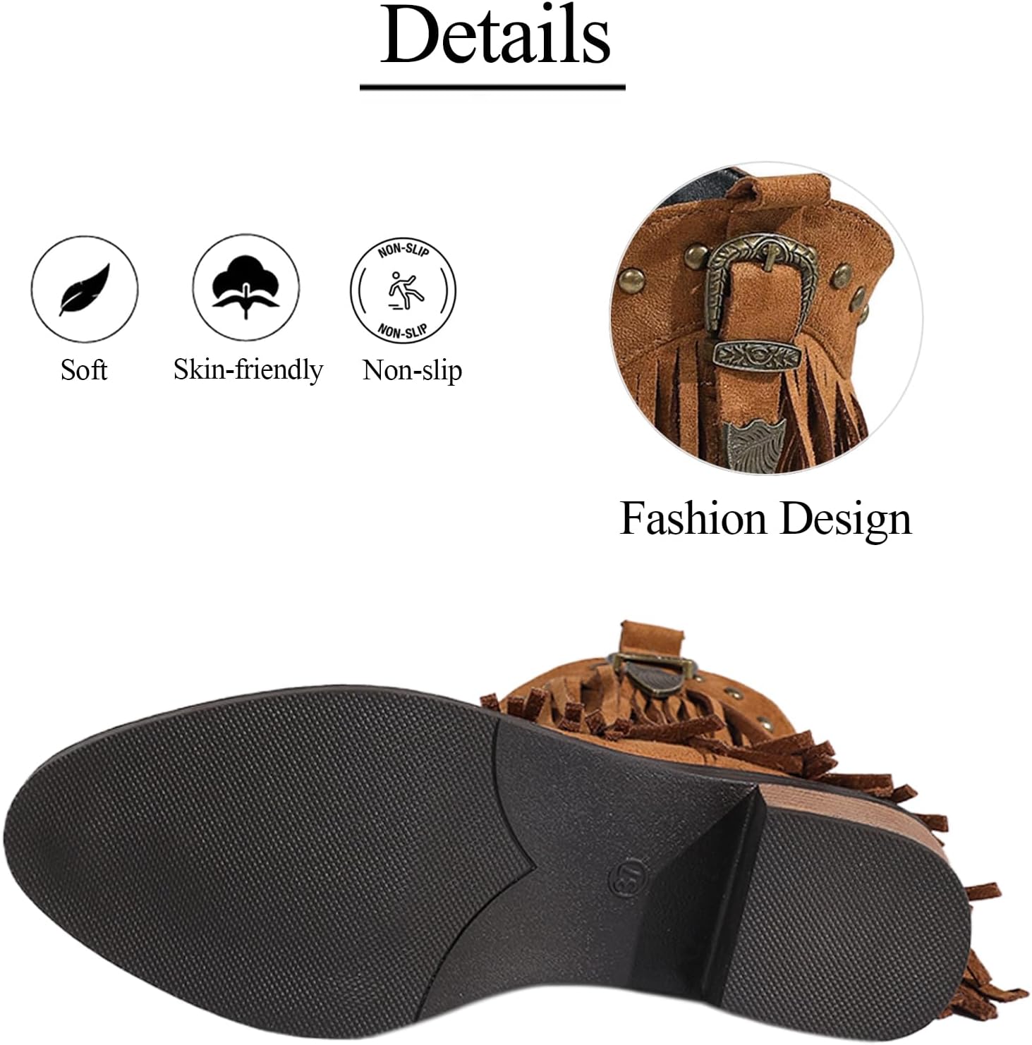 Fringe Suede Ankle Western Boots For Women Fashion Studded Round Toe Buckle Block Heel Tassel Short Cowboy Boots For Western Country Music Prom Dress